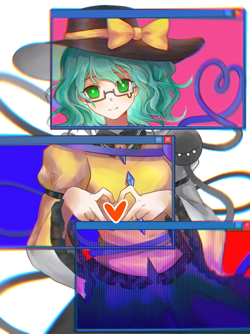 1girl, bespectacled, black-framed_eyewear, black_hat, boombi, bow, bright_pupils, buttons