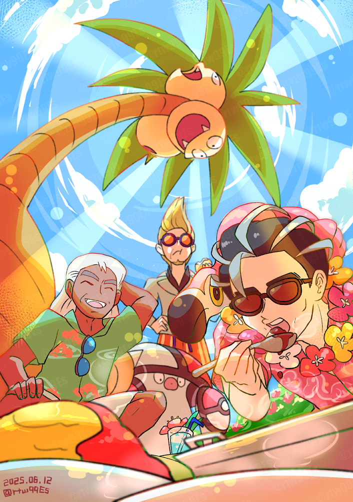 3boys, alolan_exeggutor, amoonguss, black_hair, blue_sky, clavell_(pokemon), clive_(pokemon), collared_shirt