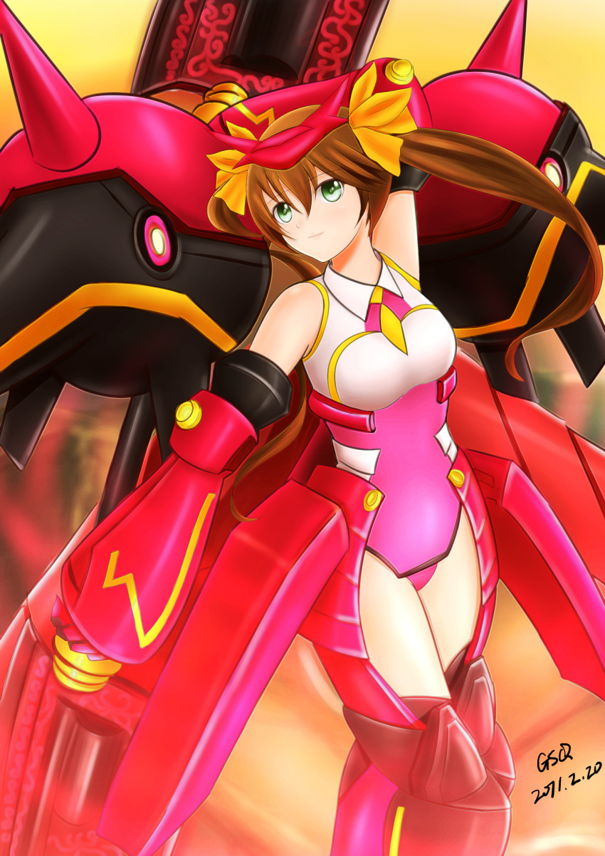bodysuit, brown_hair, green_eyes, gsq, hair_ribbon, highres, huang_lingyin, infinite_stratos