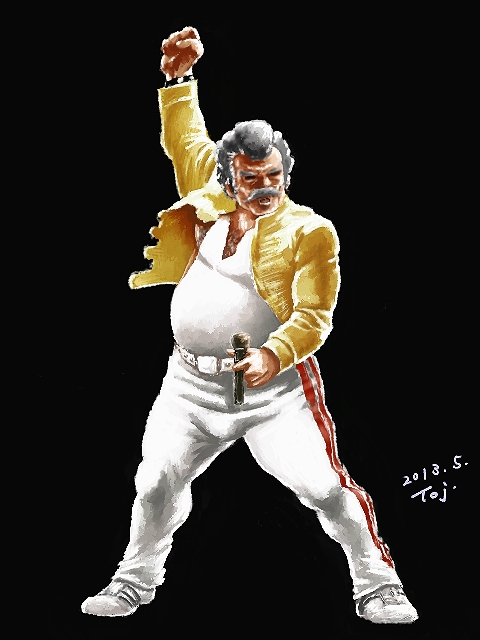 1boy, alternate_costume, arm_up, artist_name, ayk-rs401i, belt, black_background, corel_painter_(medium)