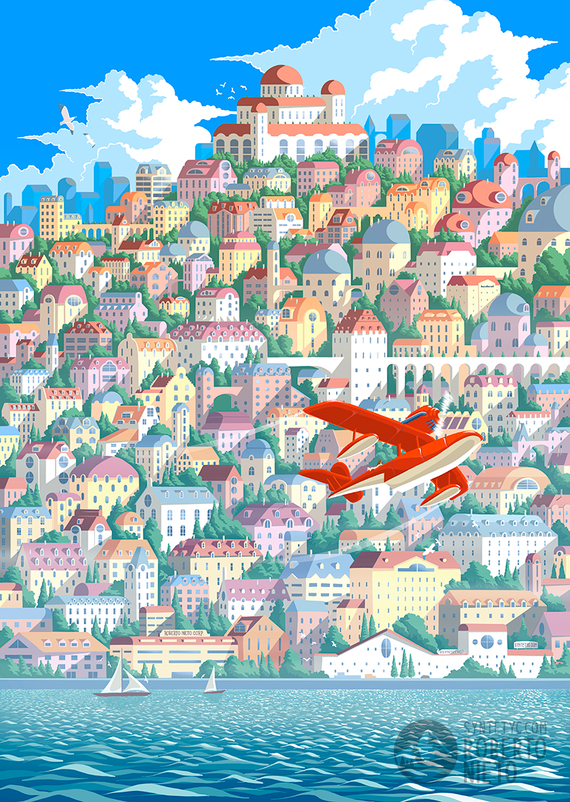aircraft, airplane, artist_name, blue_sky, boat, building, city, clouds