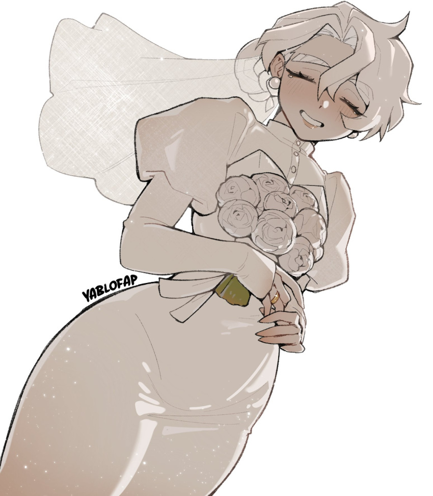 1girl, alohapz, artist_name, bridal_veil, bride, buttons, closed_eyes, dress