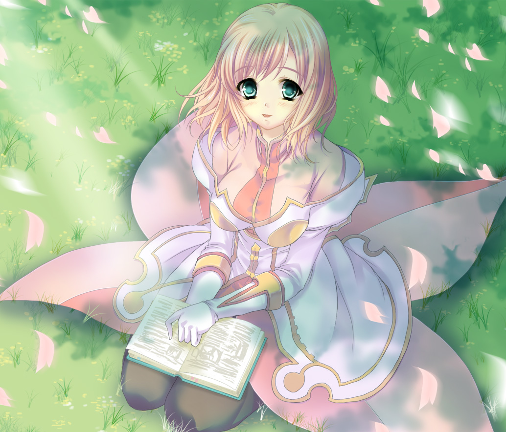 book, breasts, coat, dress, estellise_sidos_heurassein, gloves, grass, green_eyes