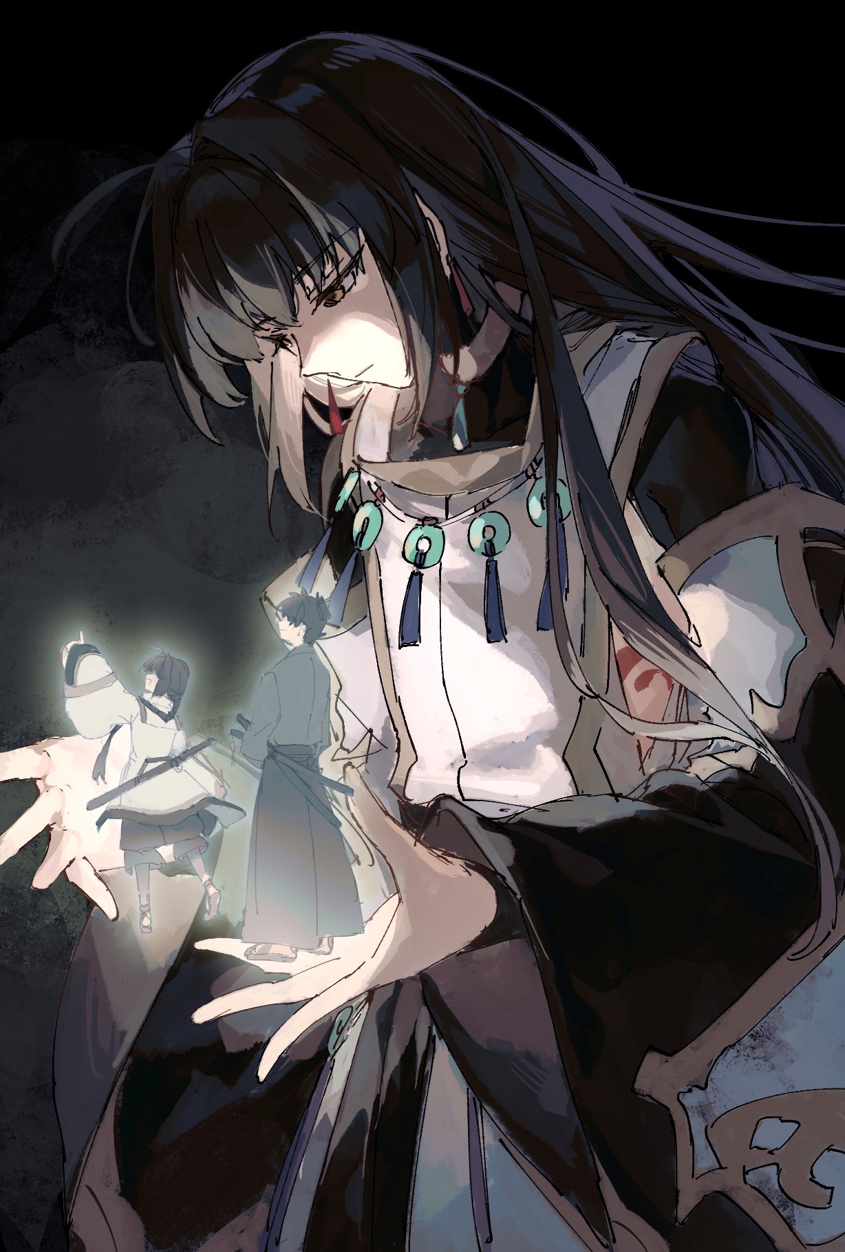 1boy, 1other, ahoge, ambiguous_gender, androgynous, black_hair, braid, brown_eyes