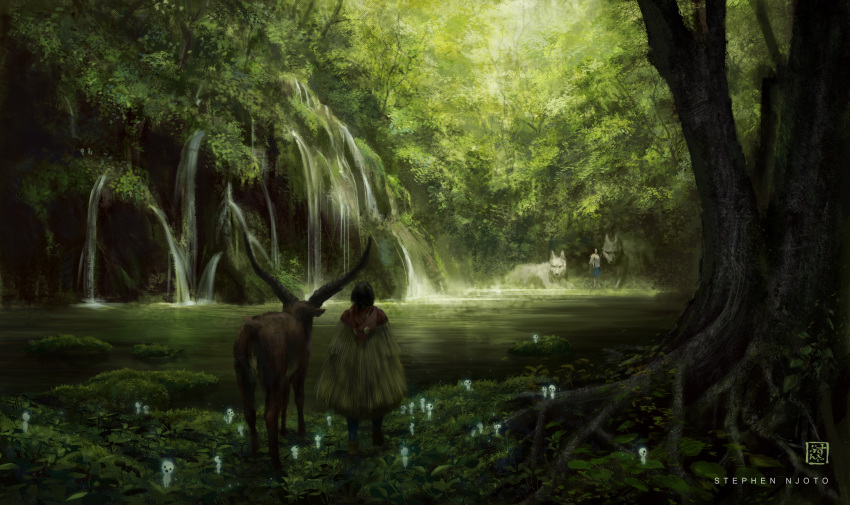 1boy, 1girl, absurdres, artist_name, ashitaka, black_hair, day, forest