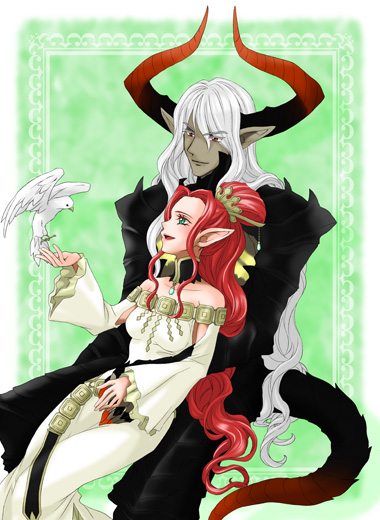 1girl, albino, armor, asras, bare_shoulders, bird, choker, couple