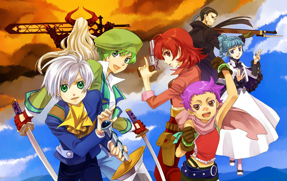 :p, ange_serena, armpits, asras, beard, belt, beret, black_hair, blue_eyes, blue_hair, bow, brown_eyes, cartridge, clenched_hands, cloud, clouds, collar, curly_hair, dress, durandal_(tales_of_innocence), everyone, facial_hair, fist, frills, from_behind, gloves, green_eyes, green_hair, grey_eyes, gun, happy, hat, hermana_larmo, horns, iria_animi, kurosuna, long_hair, open_mouth, pants, pointing, ponytail, purple_hair, raised_fist, red_eyes, red_hair, redhead, ribbon, ricardo_soldato, rifle, ruca_milda, short_hair, sky, smile, spada_belforma, sword, tales_of_(series), tales_of_innocence, tongue, very_long_hair, weapon, white_hair