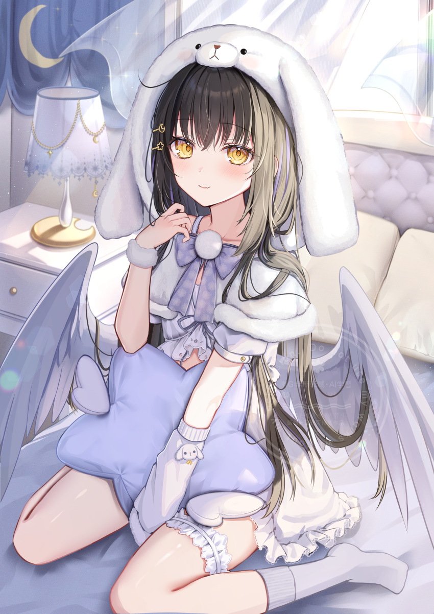 1girl, absurdres, angel_wings, animal_hood, arm_warmers, astral_vliver, bare_shoulders, bed, bed_sheet, black_hair, blush, closed_mouth, commentary_request, crescent, crescent_hair_ornament, crossed_bangs, curtains, desk_lamp, dress, frilled_dress, frilled_thigh_strap, frills, fur_wrist_cuffs, fuyoyo, hair_between_eyes, hair_ornament, hairclip, hand_between_thighs, hand_up, highres, holding, holding_pillow, hood, hood_up, kyokuya_rei, lamp, lens_flare, light_particles, long_hair, looking_at_viewer, low_wings, on_bed, partial_commentary, pillow, short_sleeves, sidelocks, single_arm_warmer, sitting, sleepwear, smile, socks, solo, sparkle, star-shaped_pillow, star_(symbol), star_hair_ornament, thigh_strap, very_long_hair, virtual_youtuber, wariza, watermark, white_dress, white_socks, white_wings, window, wings, wrist_cuffs, yellow_eyes