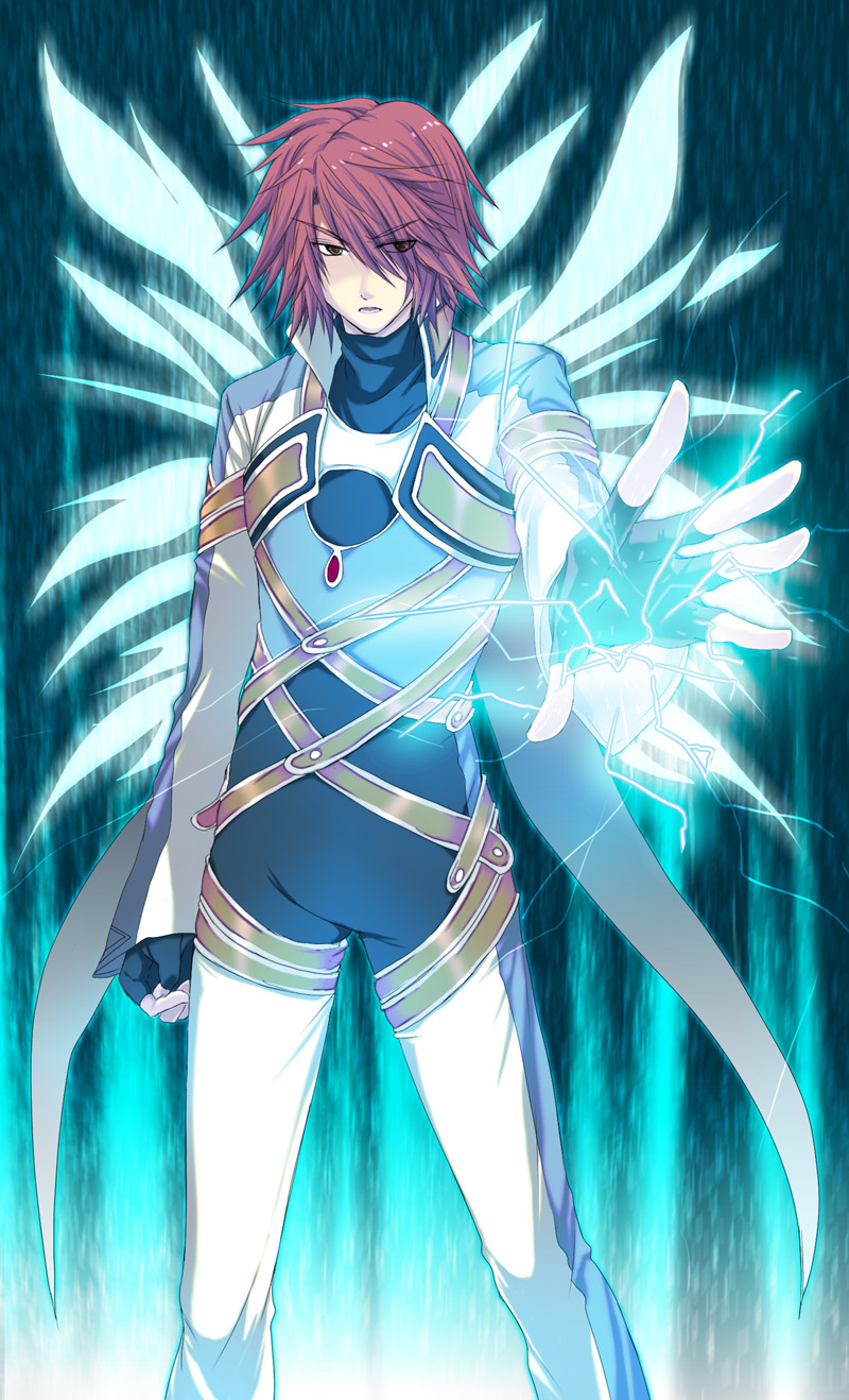 belt, coat, gloves, highres, kratos_aurion, lightning, magic, male