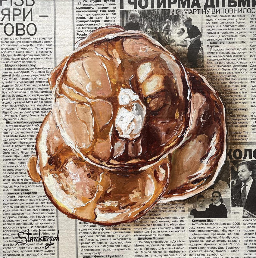 cream, food, food_focus, highres, julia_stankevych, maple_syrup, newspaper, no_humans