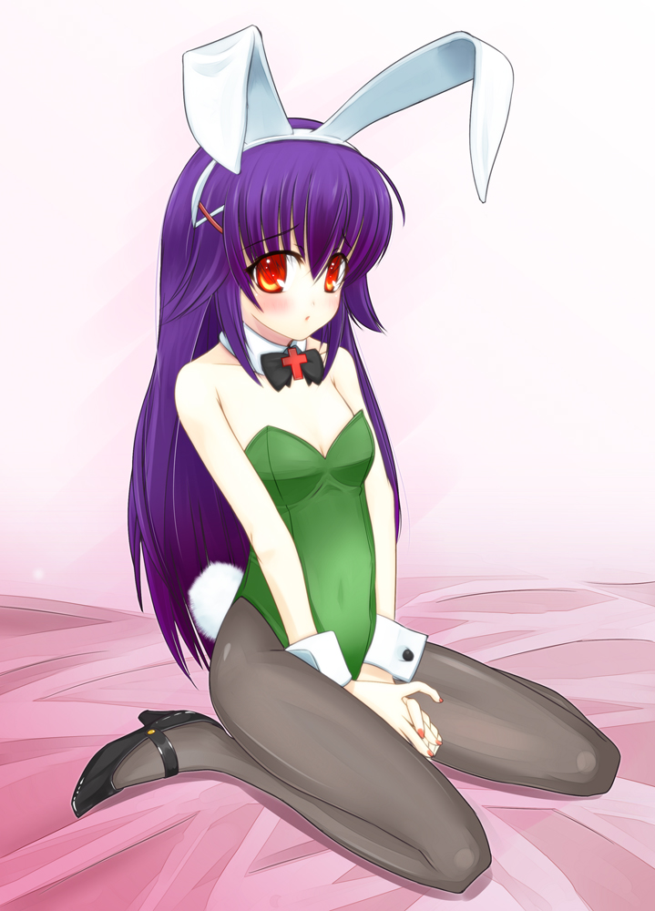 bunny_ears, bunnysuit, cross, hercule_barton, hifumi_(vivian), kneeling, long_hair, pantyhose