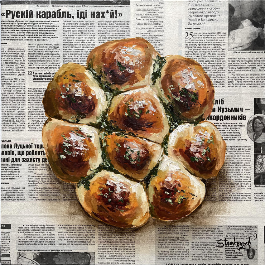 absurdres, chopped_herbs, food, food_focus, garlic_bread, highres, julia_stankevych, newspaper