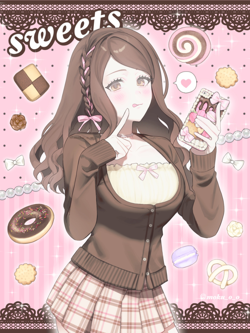 1girl, blush, border, braid, brown_eyes, brown_hair, cake, cardigan