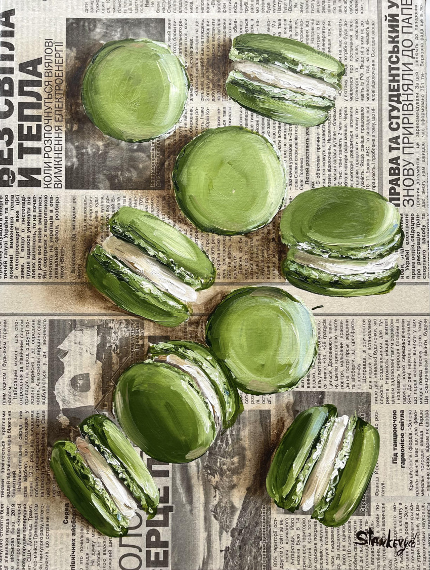 absurdres, food, food_focus, highres, julia_stankevych, macaron, newspaper, no_humans