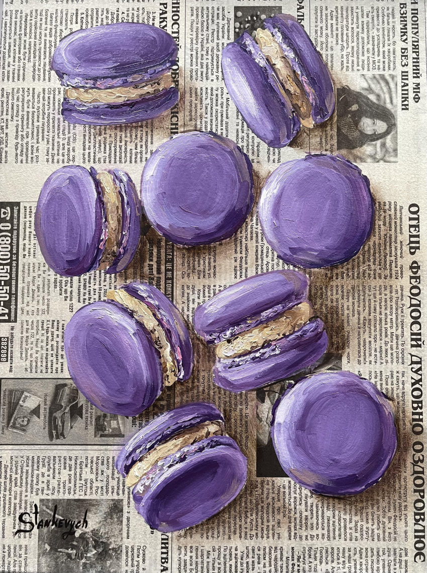 absurdres, food, food_focus, highres, julia_stankevych, macaron, newspaper, no_humans