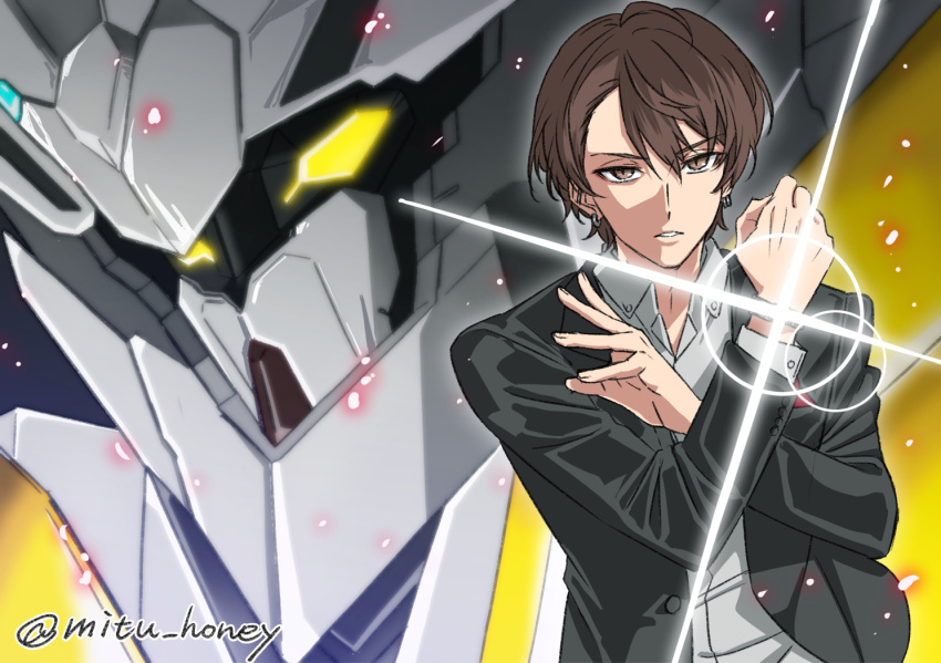 black_jacket, brown_eyes, brown_hair, collared_shirt, daikagami_(kagami_hayato), glint, hair_between_eyes, hikari_(mitsu_honey)