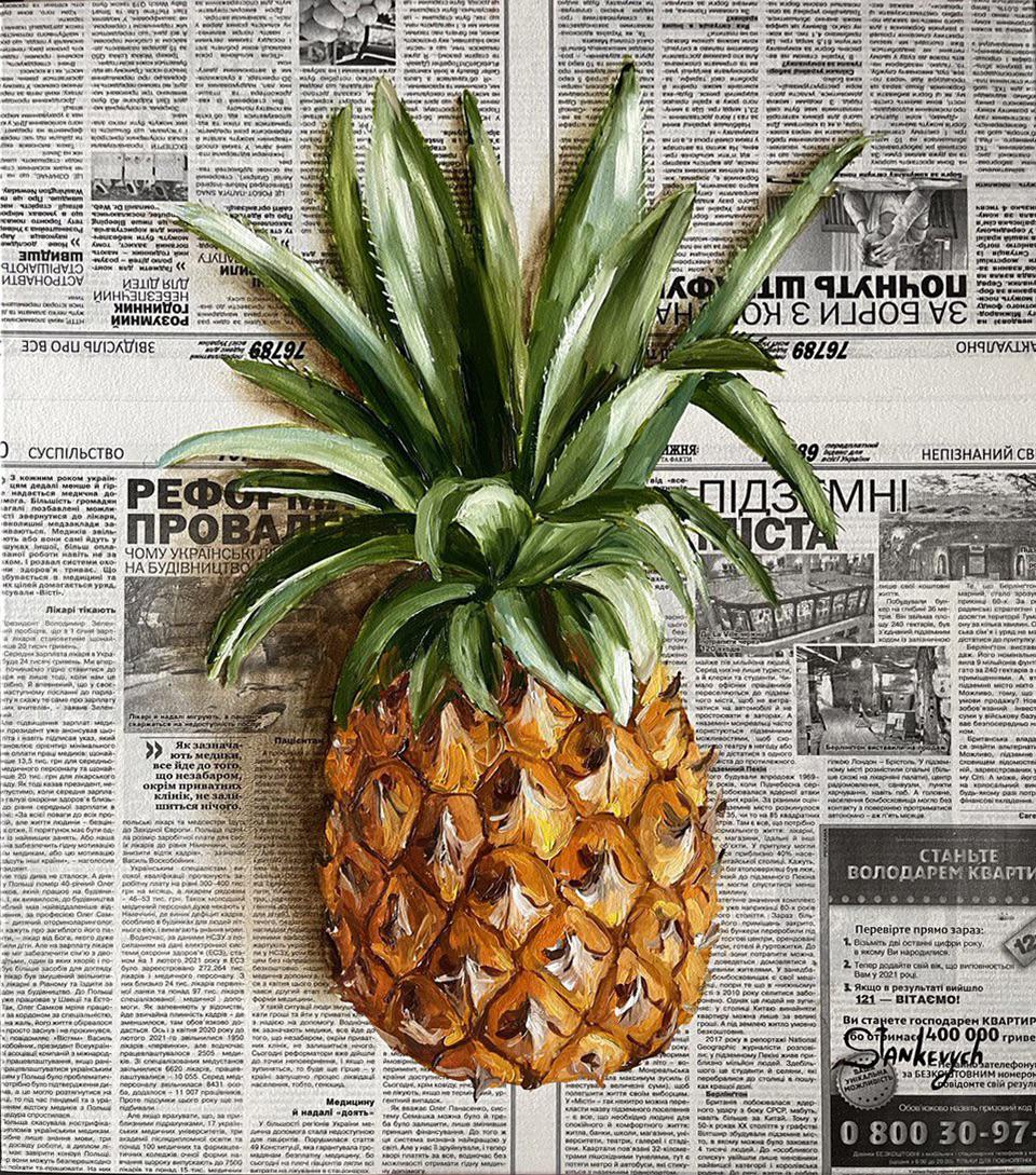 food, food_focus, fruit, julia_stankevych, newspaper, no_humans, oil_painting_(medium), original