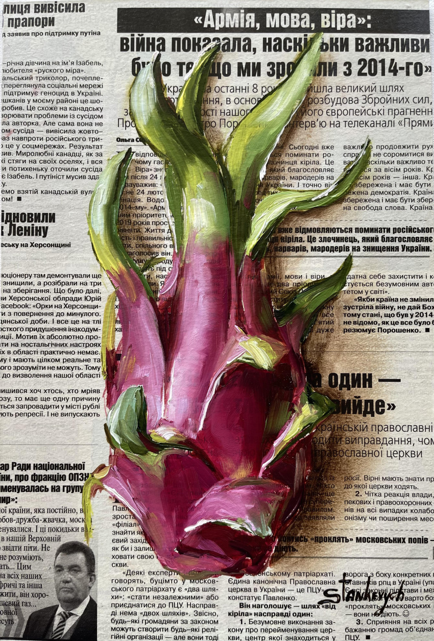 absurdres, dragon_fruit, food, food_focus, fruit, highres, julia_stankevych, newspaper