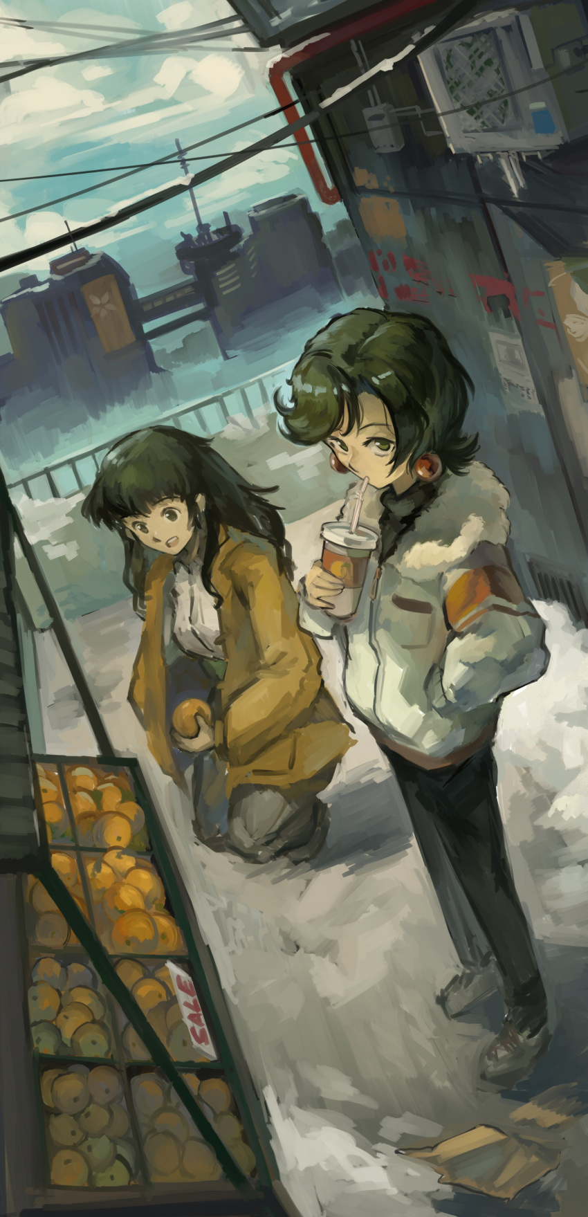 2girls, absurdres, air_conditioner, black_hair, building, cup, display_case, disposable_cup