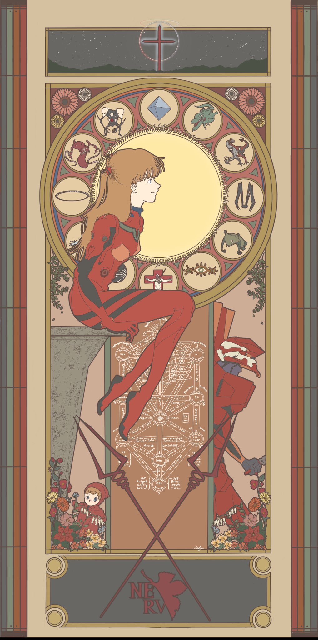 1girl, angel_(evangelion), art_nouveau, bardiel_(evangelion), breasts, cross, doll, eva_02, from_side, gaghiel_(evangelion), highres, israfel_(evangelion), lafigue5x3, lance_of_longinus_(evangelion), leliel_(evangelion), long_hair, mecha_pilot_suit, neon_genesis_evangelion, nerv, plugsuit_(evangelion), profile, ramiel_(evangelion), red_hair, sachiel_(evangelion), sahaquiel_(evangelion), sandalphon_(evangelion), sefirot, shamshel_(evangelion), sitting, small_breasts, souryuu_asuka_langley