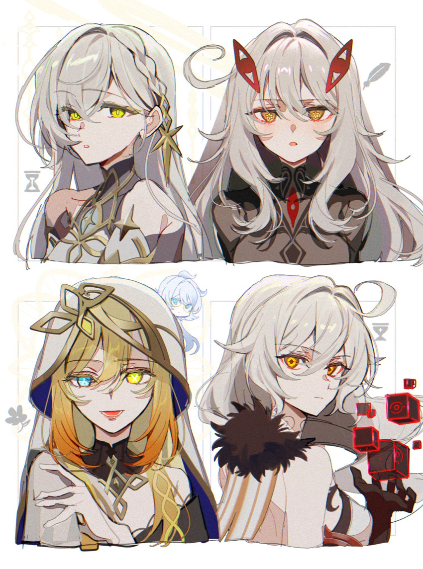 5girls, ahoge, asmoday_(genshin_impact), bare_shoulders, black_dress, bodystocking, braid, cowlick