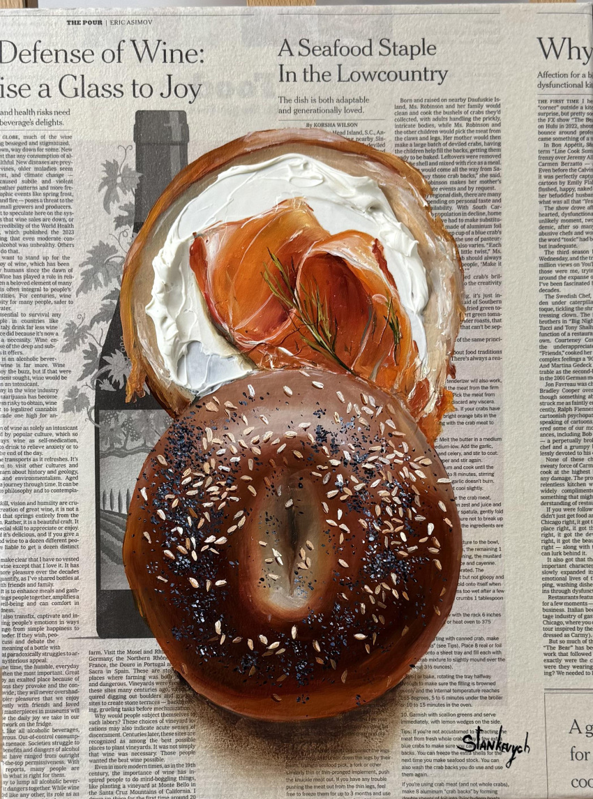absurdres, acrylic_paint_(medium), bagel, cream_cheese, food, food_focus, highres, impasto
