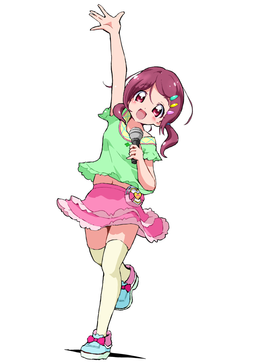 1girl, :d, arm_up, blue_shoes, blush, commentary_request, dot_nose, frilled_skirt