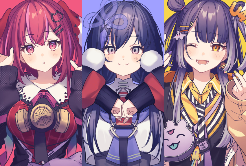 3girls, amagase_muyu, amagase_muyu_(1st_costume), black_hair, cat_hair_ornament, color_coordination, column_lineup, commentary_request