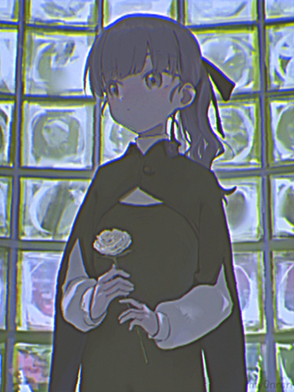 1girl, black_ribbon, black_shawl, blurry, closed_mouth, flower, grey_eyes, grey_hair