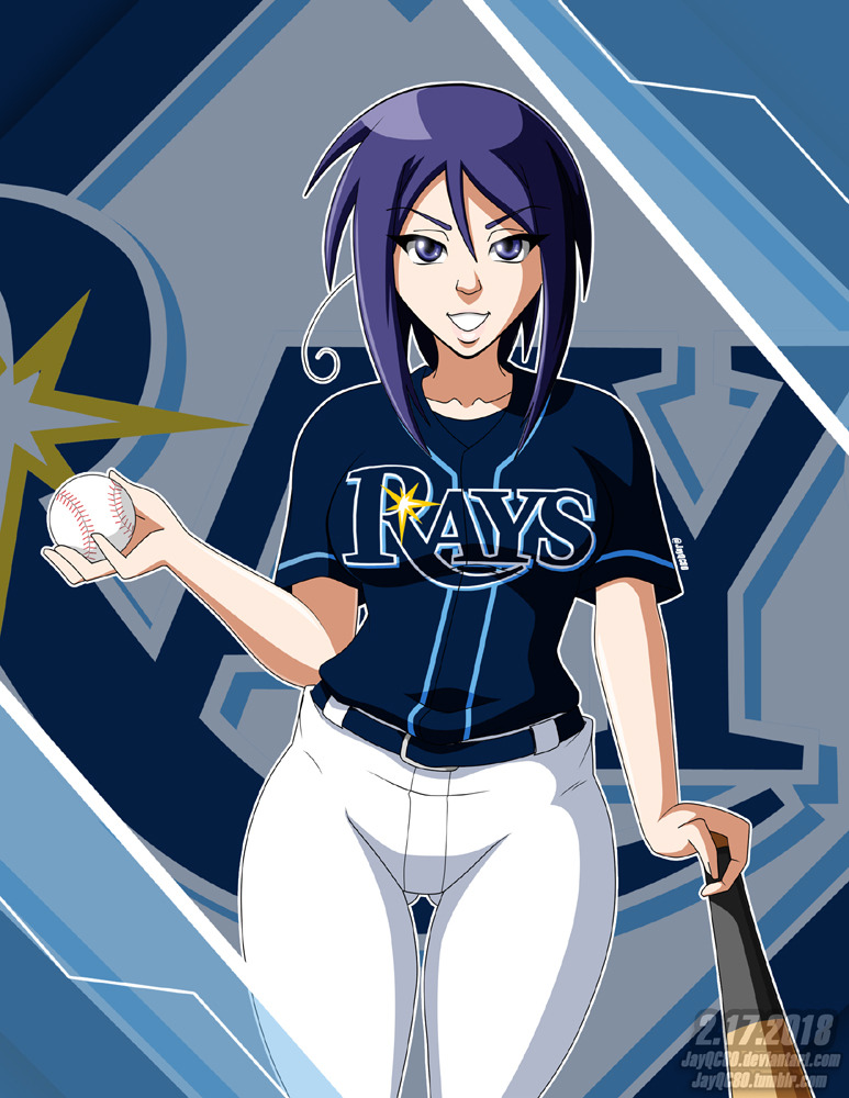 1girl, aged_up, artist_name, baseball, baseball_bat, baseball_jersey, belt, dated, english_commentary, holding, holding_baseball_bat, jayqc80, jersey, love_hina, maehara_shinobu, medium_hair, pants, purple_hair, smile, solo, standing, tampa_bay_rays, violet_eyes, white_pants