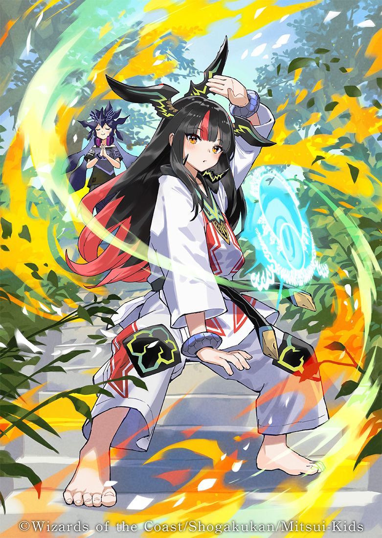 2girls, :o, arm_up, aura, bangle, bare_shoulders, barefoot, black_hair