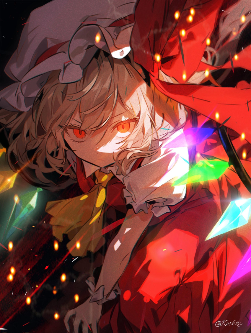 1girl, absurdres, ascot, blonde_hair, closed_mouth, cowboy_shot, flandre_scarlet, glowing