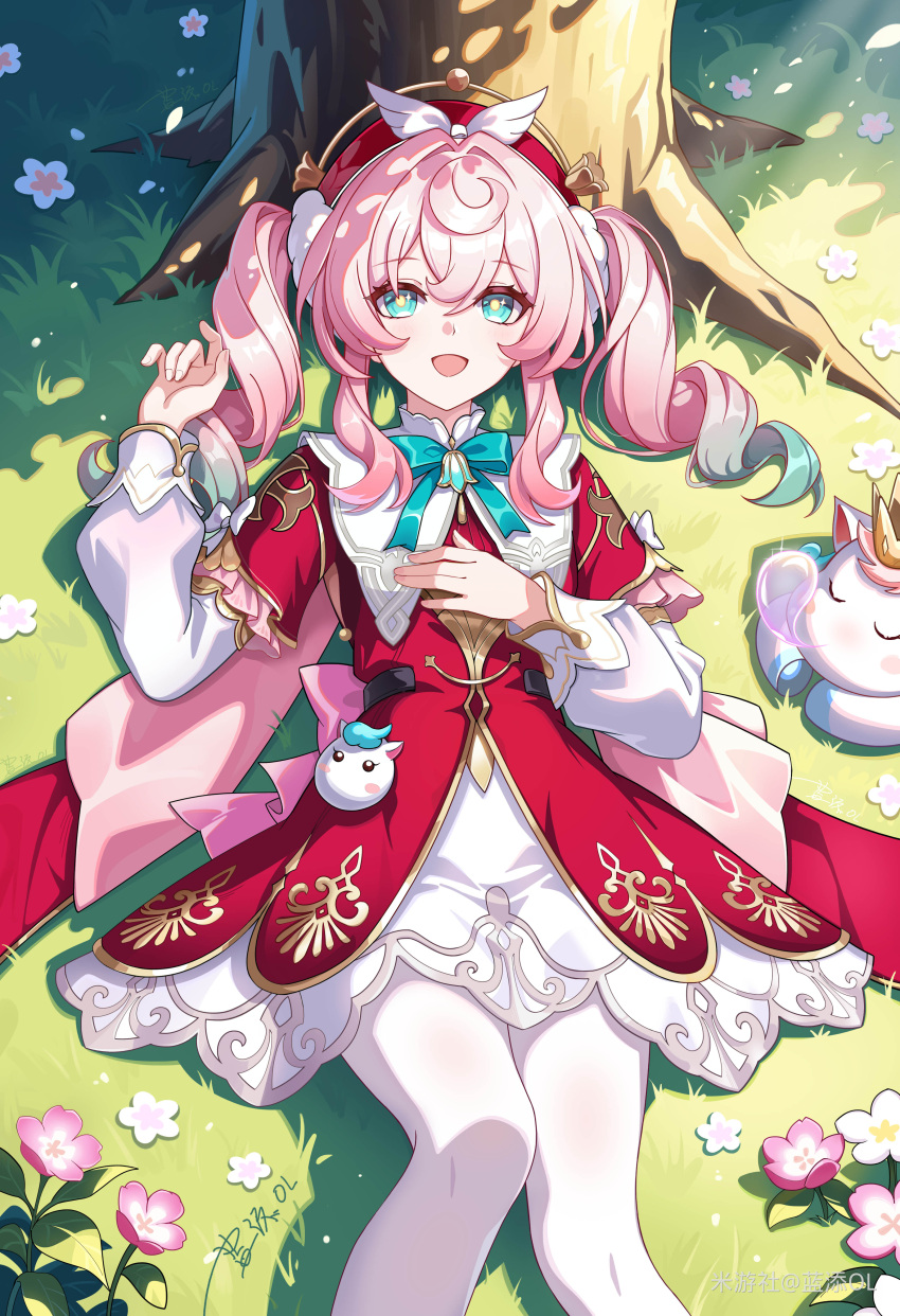 1girl, absurdres, aqua_eyes, aqua_hair, artist_name, breasts, dress, drill_hair, hat, highres, honkai:_star_rail, honkai_(series), hyacine_(honkai:_star_rail), lantian_ol, little_ica_(honkai:_star_rail), looking_at_viewer, lying, miyoushe_watermark, multicolored_hair, on_back, on_grass, outdoors, pantyhose, pegasus, pink_hair, red_dress, red_hat, small_breasts, smile, squeans, tree, twin_drills, twintails, two-tone_hair, watermark, white_pantyhose