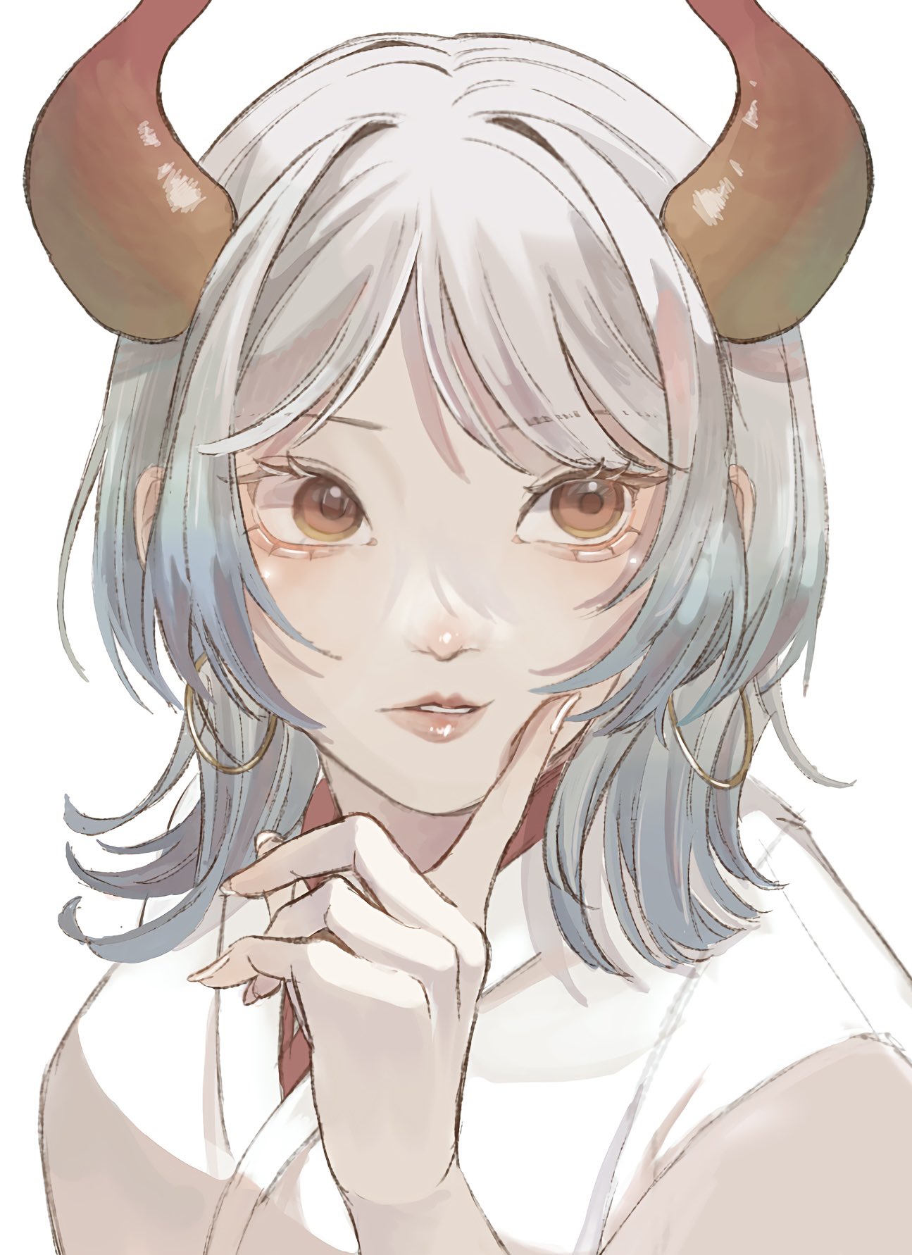 1girl, blue_hair, commentary_request, earrings, highres, horns, japanese_clothes, jewelry