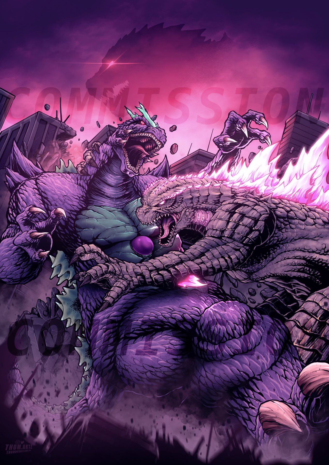 battle, bioluminescence, claws, commission, elbow_spikes, english_commentary, fangs, giant