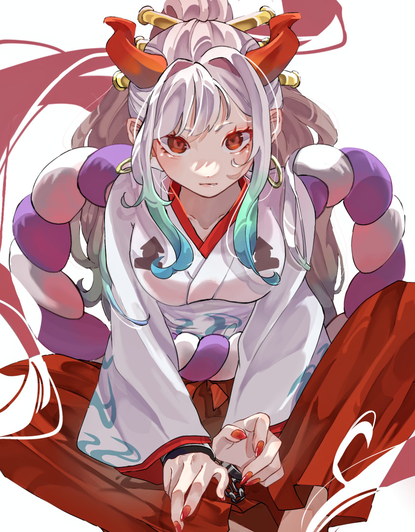 1girl, absurdres, aqua_hair, closed_mouth, commentary, cuffs, earrings, hair_ornament