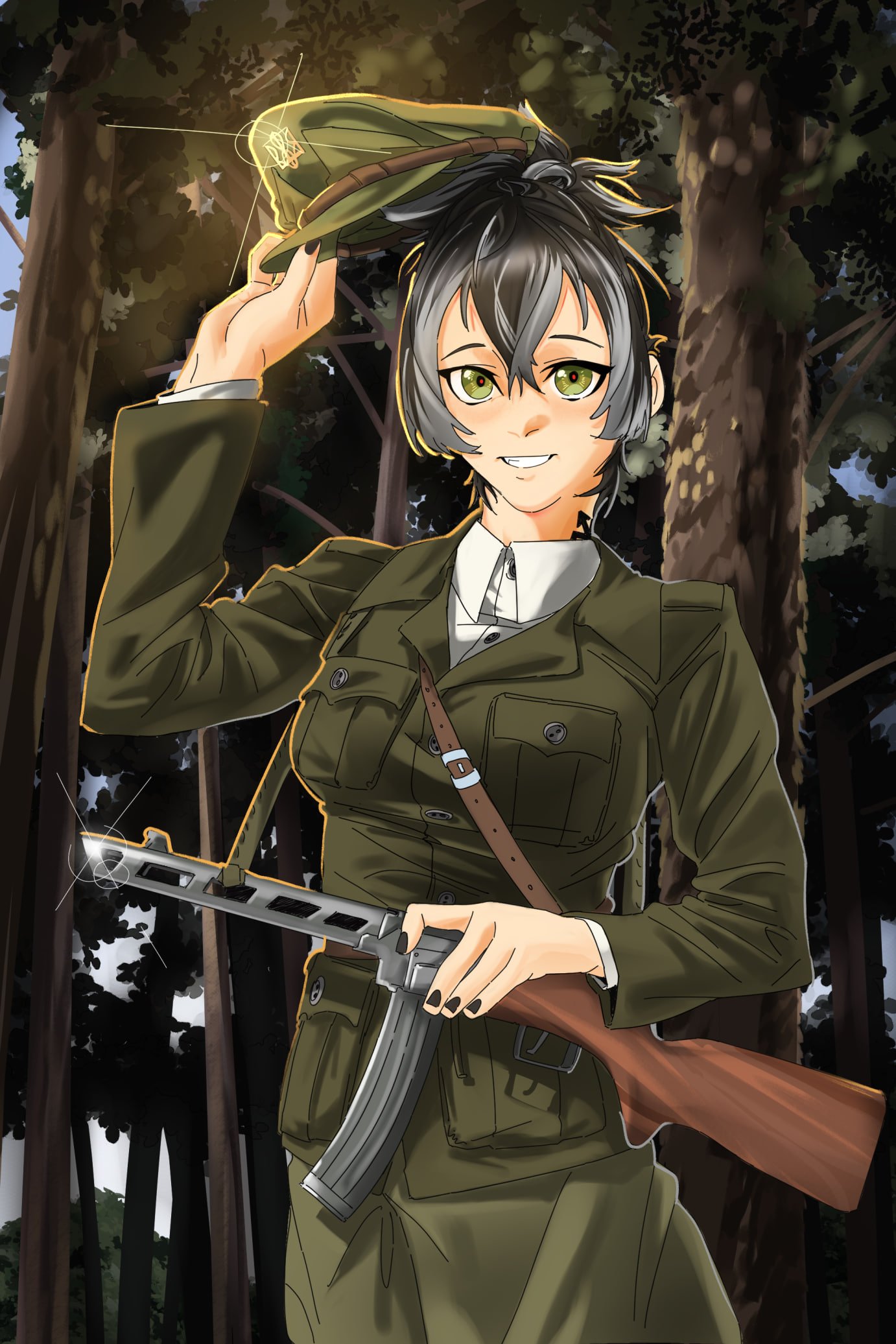 1girl, arm_up, black_nails, blue_sky, brown_hair, buttons, day, forest