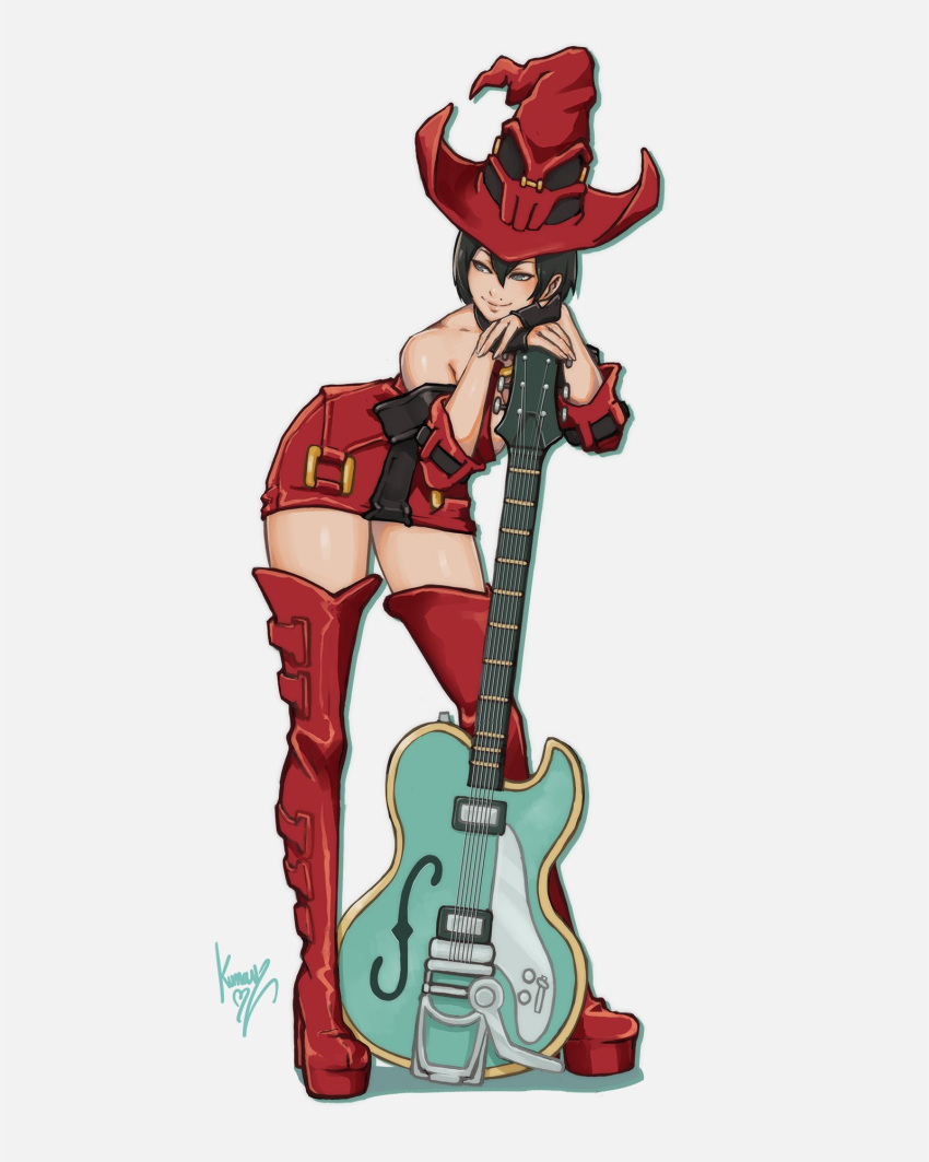 1girl, black_hair, boots, choker, duesenberg_starplayer, electric_guitar, fingerless_gloves, gloves