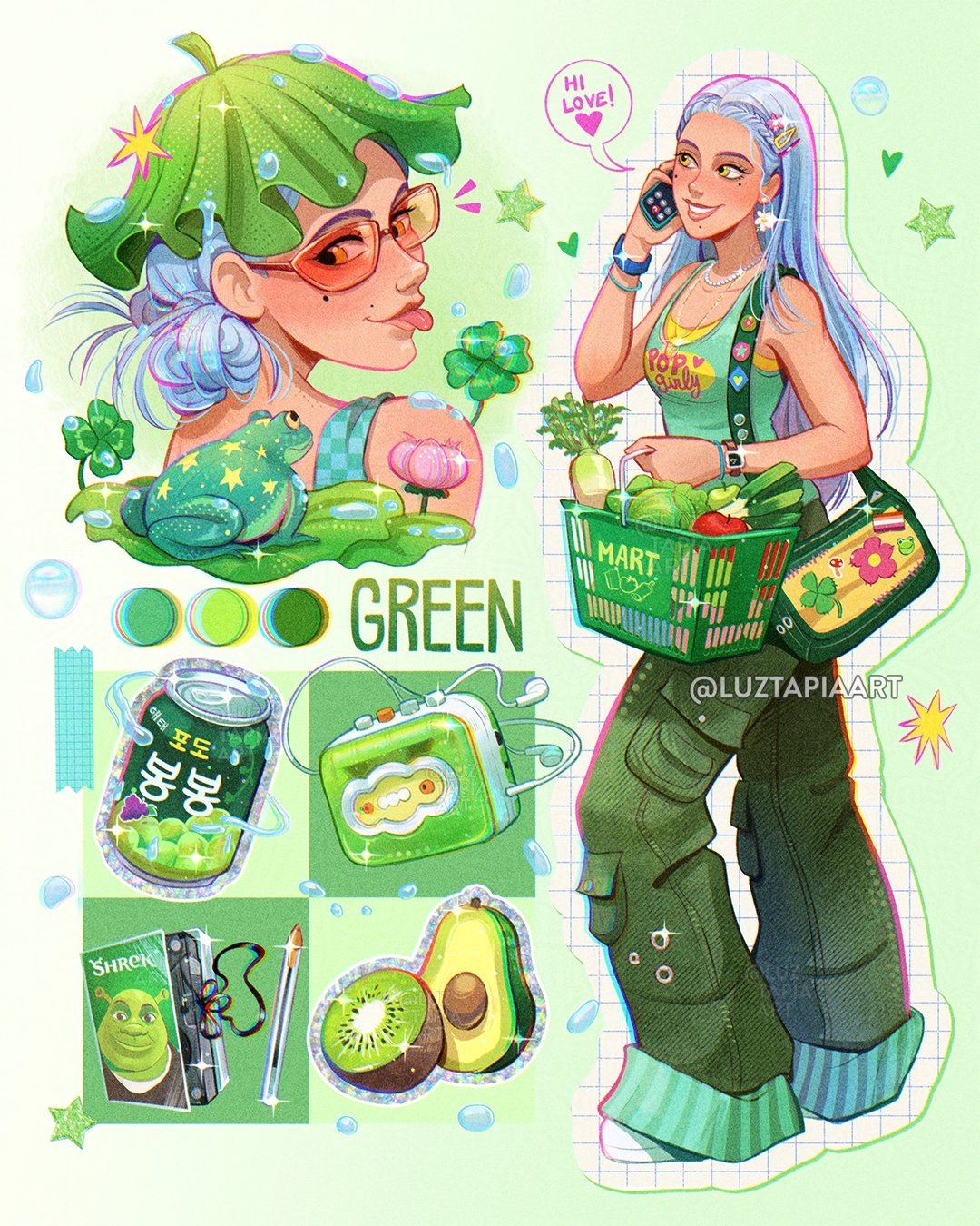 1girl, artist_name, avocado_slice, brown_eyes, cellphone, clover, english_text, food