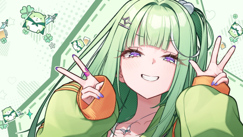 1girl, chico_(yuzuha_riko), collarbone, green_hair, green_jacket, grin, hair_ornament, hairclip