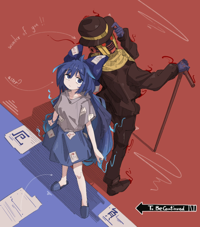 1boy, 1girl, back-to-back, blue_eyes, blue_hair, blue_skirt, bowler_hat, cane, clothed_robot, fengzhong_yuntuan, hat, highres, holding, holding_cane, humanoid_robot, jojo_no_kimyou_na_bouken, jojolion, long_hair, looking_at_viewer, looking_up, robot, scarf, skirt, stand_(jojo), to_be_continued, touhou, wonder_of_u, yellow_scarf, yorigami_shion