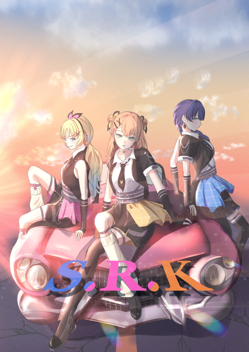 3girls, arm_support, armpit_crease, asymmetrical_legwear, black_boots, black_jacket, black_skirt, black_thighhighs