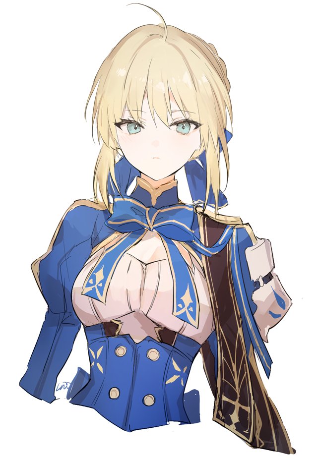 1girl, ahoge, artoria_pendragon_(fate), blonde_hair, blue_dress, closed_mouth, cropped_torso, dress