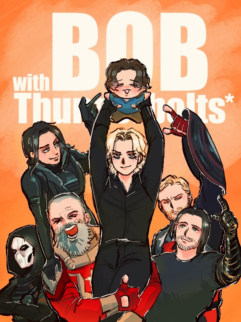 3girls, 4boys, abi12662984, animification, arms_up, beard, belt, black_belt, black_bodysuit, black_eyes, black_gloves, black_hair, black_shirt, blonde_hair, blue_eyes, blue_shirt, bodysuit, brown_hair, brown_pants, bucky_barnes, carrying, carrying_person, character_name, closed_eyes, closed_mouth, commentary_request, copyright_name, covered_face, crossed_arms, dark-skinned_female, dark_skin, everyone, facial_hair, father_and_daughter, fingerless_gloves, ghost_(marvel), gloves, grey_eyes, grey_hair, holding, holding_shield, hood, hooded_bodysuit, john_walker_(marvel), long_hair, long_sleeves, looking_at_another, looking_up, marvel, marvel_cinematic_universe, mini_person, miniboy, multiple_boys, multiple_girls, open_mouth, orange_background, pants, prosthesis, prosthetic_arm, red_bodysuit, red_gloves, red_guardian_(marvel), sentry_(marvel), shield, shirt, short_hair, short_sleeves, sidelocks, simple_background, smile, star_(symbol), superhero_costume, t-shirt, taskmaster, teeth, thunderbolts_(movie), v-shaped_eyebrows, very_short_hair, white_mask, yelena_belova