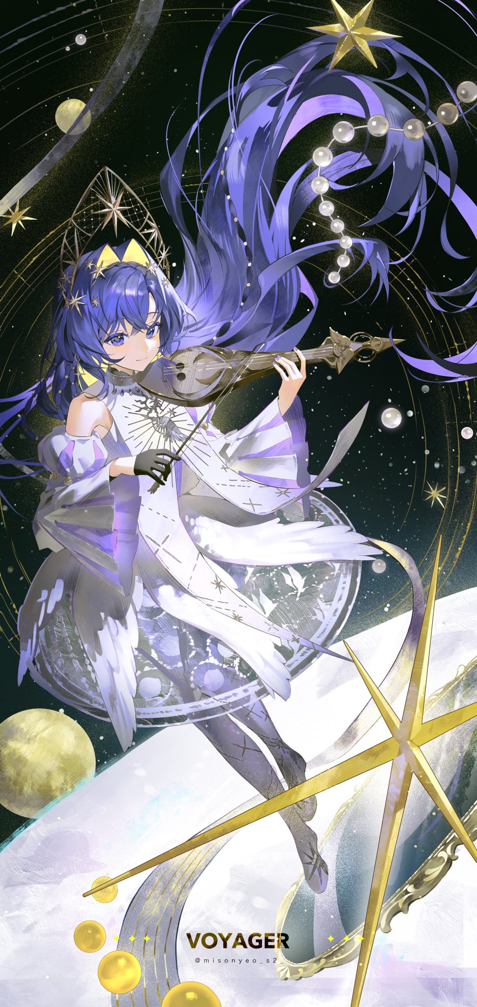 1girl, black_gloves, blue_eyes, blue_hair, bow_(music), closed_mouth, colored_inner_hair, detached_sleeves