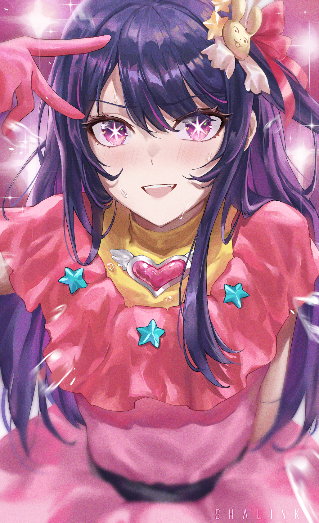 1girl, brooch, commentary, dress, gloves, hair_ornament, hair_ribbon, hand_up