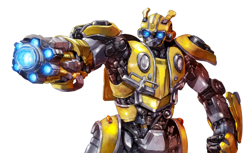 antennae, arm_cannon, autobot, blue_eyes, bumblebee_(movie), bumblebee_(transformers), glowing, glowing_eyes, humanoid_robot, insignia, machine, mecha, robot, science_fiction, simple_background, taedu, transformers, transformers_(live_action), volkswagen, volkswagen_beetle, weapon, white_background