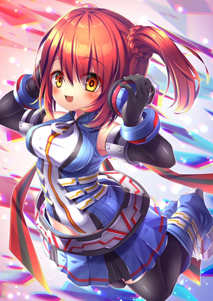 1girl, bare_shoulders, black_thighhighs, blue_boots, blue_shirt, blue_skirt, boots, braid