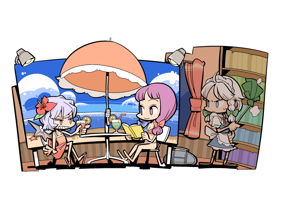 apron, barefoot, bat_wings, beach, bikini, blue_eyes, book, bow