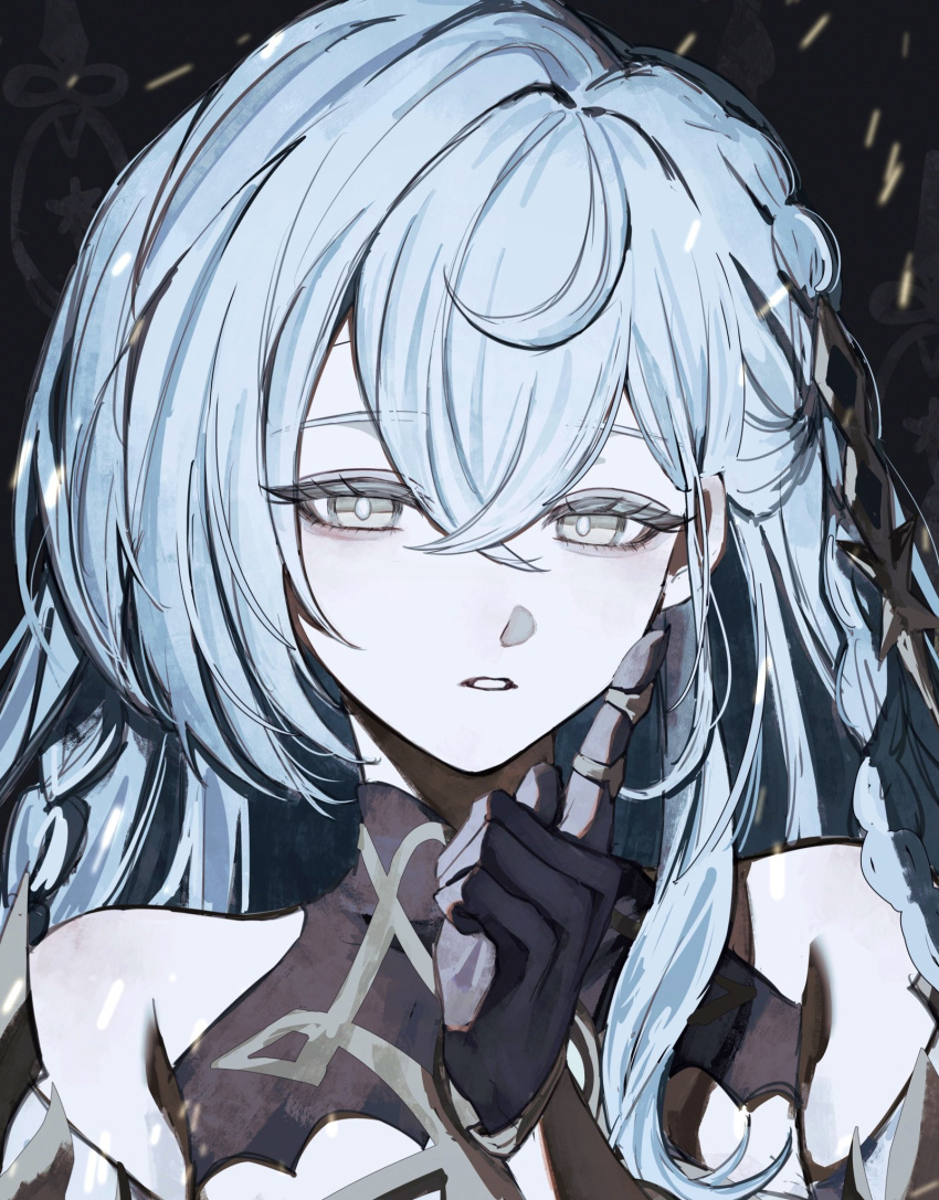 1girl, bare_shoulders, braid, bright_pupils, colored_extremities, detached_sleeves, dress, genshin_impact